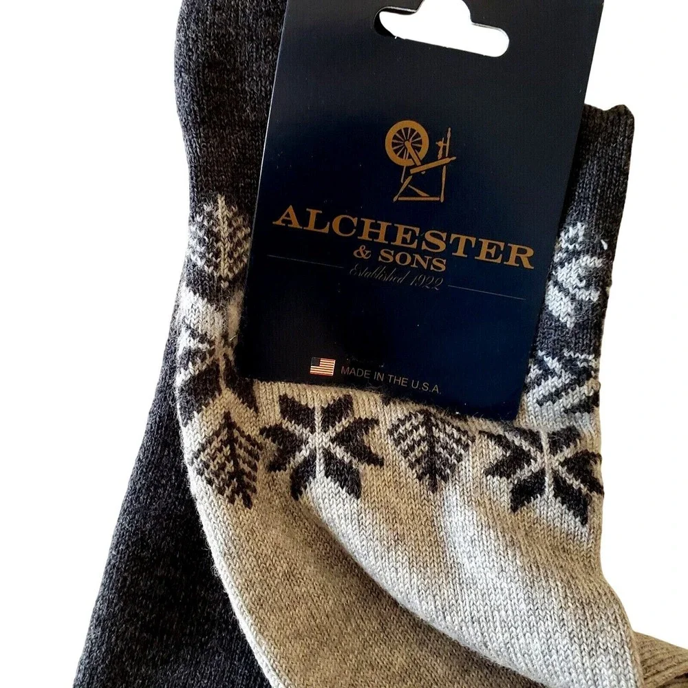 Merino Wool Grey Crew Socks Mens Large Snowflake Alchester Warm Dress Roland NEW